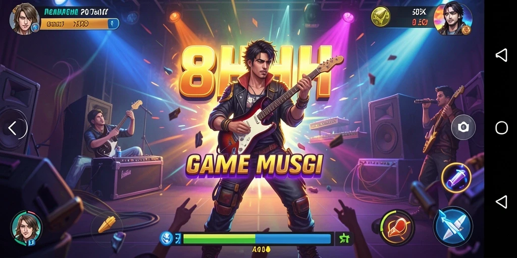 Tampilan gameplay seru dalam 8HHH dengan berbagai alat musik.