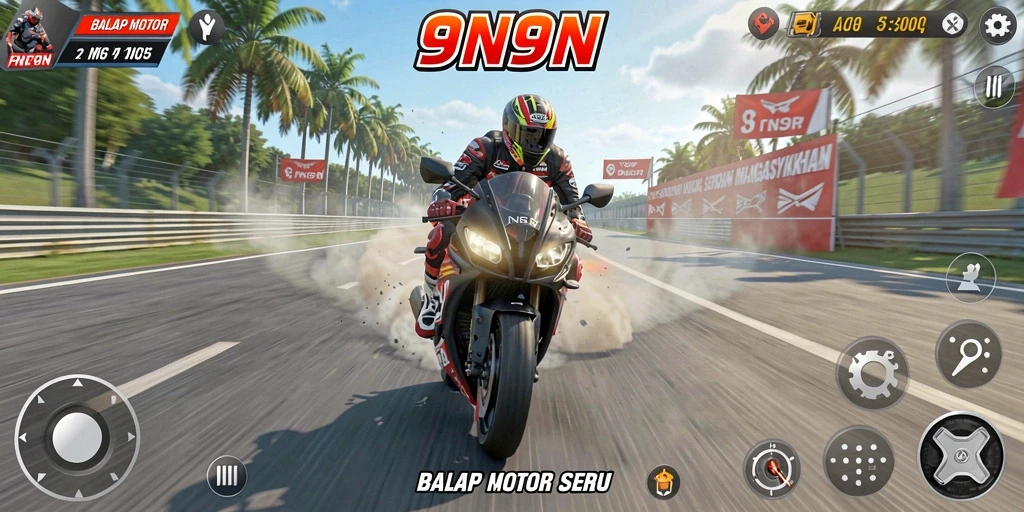 Screenshot game 9N9N menampilkan balapan motor yang mendebarkan.