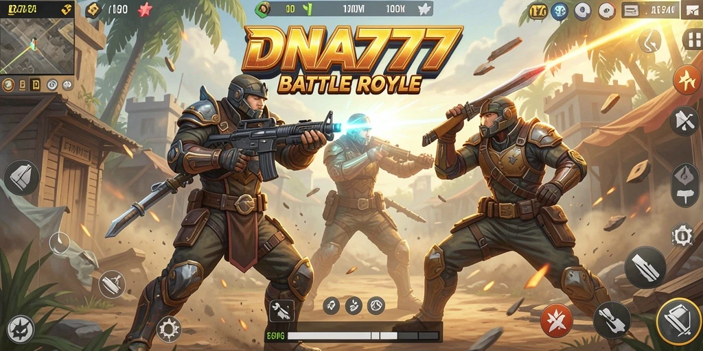 Screenshot gameplay seru dari DNA777 dalam pertempuran Battle Royale.