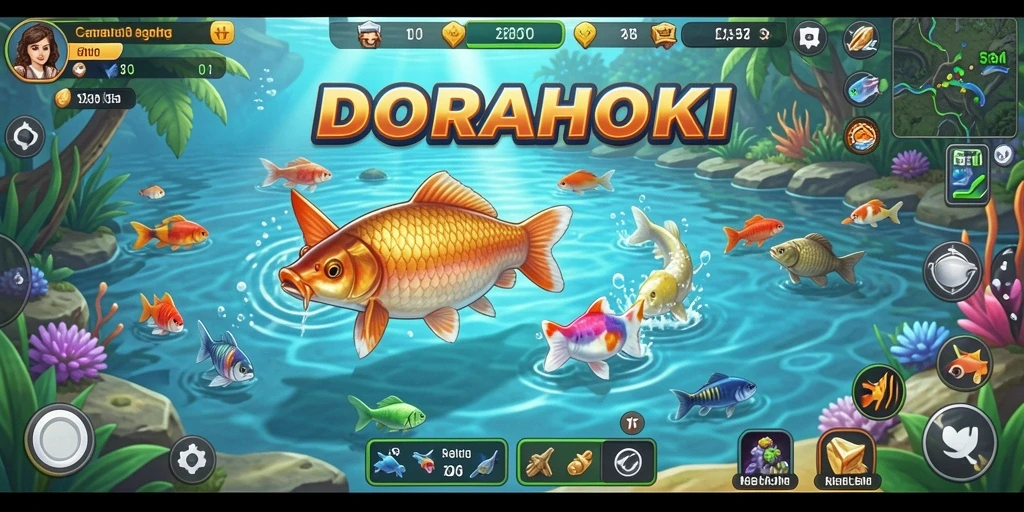 Tampilan gameplay DORAHOKI yang menggembirakan saat memancing.