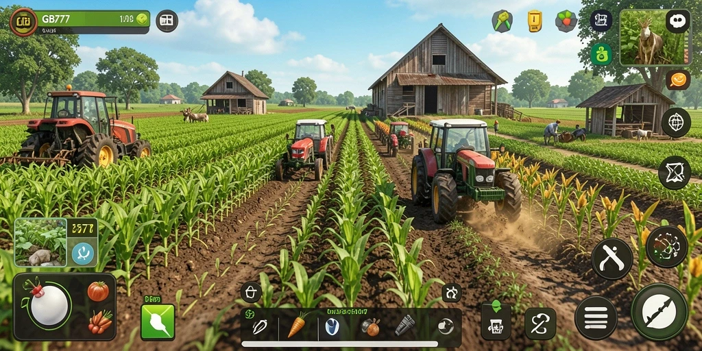 Screenshot gameplay GB777 yang menampilkan kebun produktif dan hewan peliharaan.