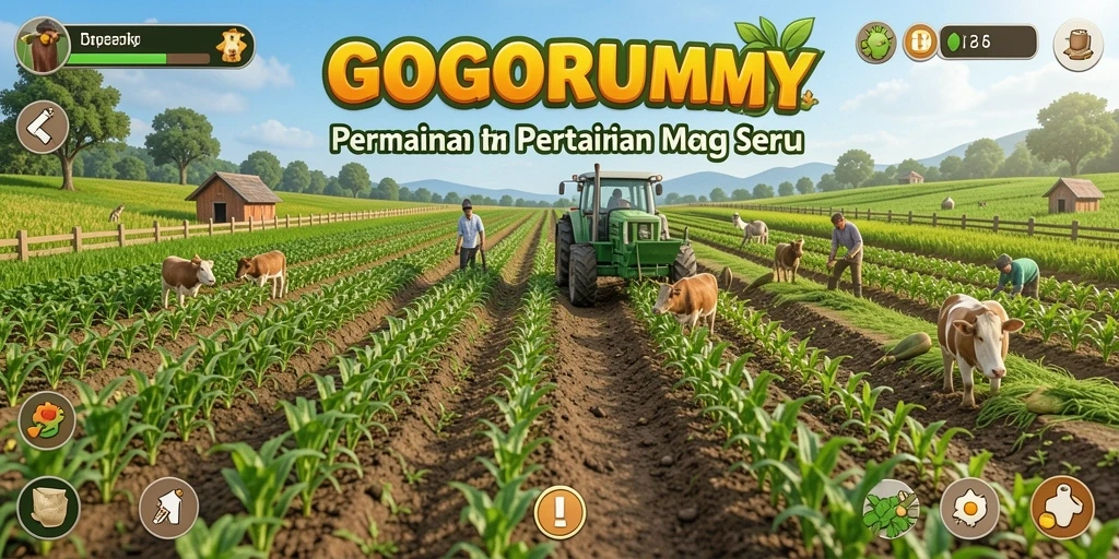Screenshot gameplay GOGORUMMY menampilkan pertanian yang subur dan aktif.