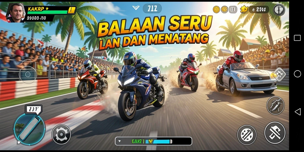 Screenshot gameplay KAKRP yang mendebarkan di trek balapan.