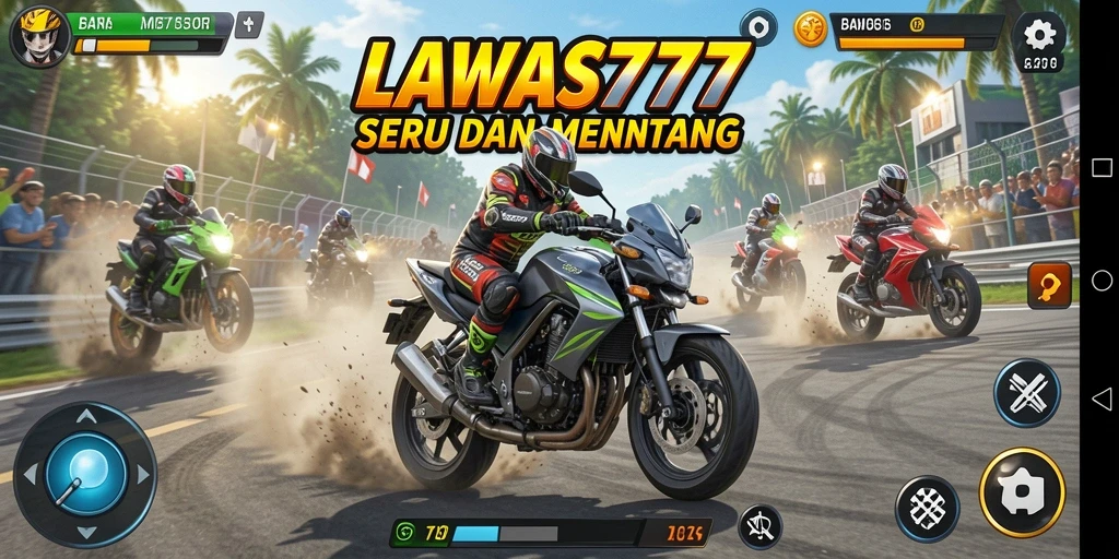 Tampilan gameplay LAWAS777 dengan aksi balapan motor yang mendebarkan.