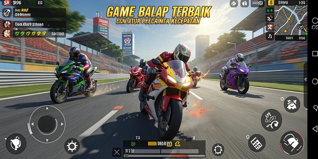 Screenshot gameplay menampilkan balapan motor yang intens dan aksi mendebarkan.