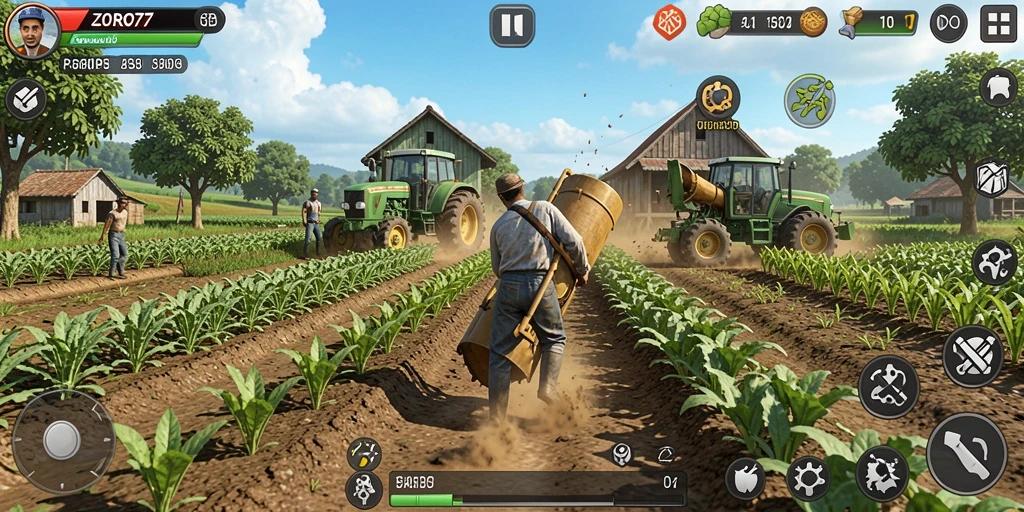 Screenshot gameplay <strong>ZORO77</strong> menunjukkan pertanian yang rimbun dan aktivitas sehari-hari petani.